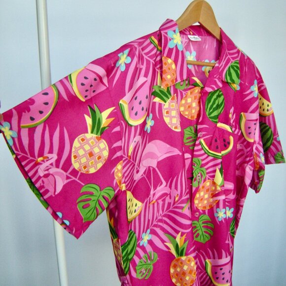 King Kameha NWOT  2XL Pink Flamingo, Watermelon & Floral Men's Hawaiian Shirt - Picture 5 of 6